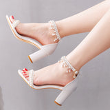 7 Cm Thick Heel Shallow Mouth With Sandals Round Head Beads Esu On High Heels White Pearl Wedding Shoes HZ0115