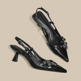 2025 Beautiful High-Heeled Shoes Female Fine Heel Silver Temperament Pointy Single Shoe Belt Buckle French Bag Head Sandals HZ0115
