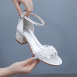 5 Cm Square Sandals Shallow Mouth With Coarse Sandals Horseshoes And White Lace Flowers Bride Wedding Shoes HZ0115