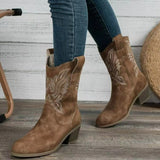 New Women's Embroidery Sleeves Vintage Boots Vintage Mid-Cute Head Western Cowboy Boots For Fall/Winter 2025 HZ0115
