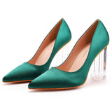 9 Cm Crystal Transparent Square Heel Pointed Shoes Bridal Shoes Silk Satin Dress Dress Shoes Wedding Shoes HZ0115