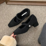 Square Head Plus Velvet Lefang Shoes Gray Mary Jane Woman With French Temperament Winter Model HZ0115