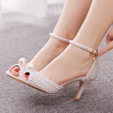 7 Cm Pearl Fish Mouth High Heel Sandals Shallow Buckle With Large-Size Round-Head High Heel White Ribbon Wedding Shoes HZ0115
