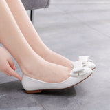 Fashion White Pointed Flat-Soled Single Shoes Women's Working Women's Shoes Bow Women's Shoes Large Size 41-43 Bridal Shoes Wedding Shoes HZ0115