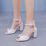 9 Cm Coarse Heel Sandals Square Coarse Sandals White Pearl Wedding Dress Sandals Pearl Wedding Shoes Women HZ0115