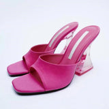 High-Hee Slippers Women's 2025 Summer New Square Head Thick And One-Word Fashion Wearing Large-Size Cold Slippers HZ0115