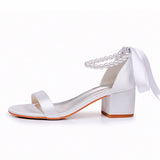 5 Cm Square Heel Sandals Shallow Mouth With Thick Heel Sandals White Beads Drifted Sandals Bride Wedding Sandals HZ0115