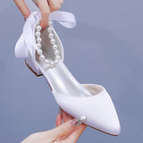 2 Cm Flat Tip Hollow Sandals Low Heel White Ribbon Wedding Dress Shoes HZ0115