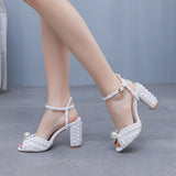 9 Cm Coarse Heel Sandals Square Coarse Sandals White Pearl Wedding Dress Sandals Pearl Wedding Shoes Women HZ0115