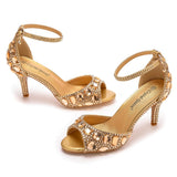 7 Cm Fish Mouth High Heel Sandals Shallow Mouth With Large-Size Round-Head High Heels Golden Water Drill Fine Sandals HZ0115