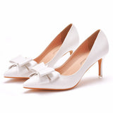 Bride Wedding Dress Tip Single Shoe Fine Heel Single Shoe Bow Tip Shoes Large White Wedding Shoes Low Heel HZ0115