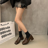 British Retro Style Single Shoes Small Leather Shoes Coarse Head Lefang Shoes Autumn And Winter New One-Legged Pedal Women's Shoes Black Shoes HZ0115