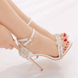 New One-Word With A Hundred Bridal Slender Shoes 11 Cm High Heel White PU High Heel Sandals Ladies Wedding Shoes HZ0115