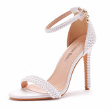 High Heel Sandals White Buckle Shoes Fine Heel Fish Mouth Roman Sandals White Pearl Sandals HZ0115