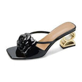 New Word Drag Flower Sandals Mountain Tea Coarse Heel Cool Slippers Women's Summer Fashion High Heel Fish Mouth Shoes Half-Tug HZ0115