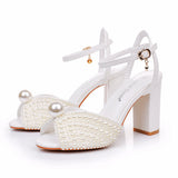 9 Cm Coarse Fish Mouth Sandals Square Sandals White Pearl Wedding Dress Sandals Pearl Wedding Shoes Women HZ0115
