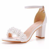 7 Cm Round Head With Thick Heel And Shallow Mouth With Sandals Beaded Flowers Wedding Dress Shoot High Heels Sandals HZ0115