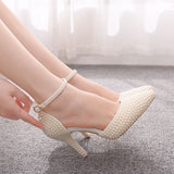 9 Cm White Pearl Tip-Pointed High-Heeled Sandals Fine Heel Size High Heeled Sandals Female Wedding Shoes Banquet HZ0115