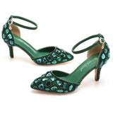 7 Cm Large-Size Sandals Fine Heel Head Water Drill High Heel Sandals Gold Water Drill High Heels Wedding Shoes HZ0115