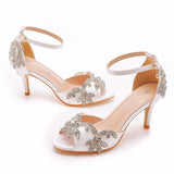 7 Cm Satin Cloth Bridal Fish Mouth High Heel Sandals Shallow Word Size Diamond Wedding Round Head Fine Sandals HZ0115