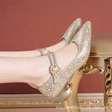 Mother Singles Women Fashion 2025 Spring And Autumn New Thick Heel High Heel High-Heeled Shoes Magic Buckle Water Drilling Wedding Shoes HZ0115