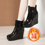 Painted Slope And Short Boots Women Thick-Bottom Waterproof Leather Boots Light And Slip Single Boots Autumn And Winter Side Zipper Plus Velvet Martin Boots HZ0115