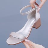 5 Cm Square Heel Sandals Shallow Mouth With Buckle Sandals Ivory White Silk Satin Cloth Bride White Sandals Woman HZ0115