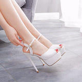 Fish Mouth High Heeled Sandals Fine Heel White Wedding Shoes Bridal Shoes White Buckle Sandals Large Size HZ0115