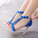 Sandals White Buckle Shoes Fine Heel Fish Mouth Roman Exposed Toe Sandals 11 Cm Beaded High-Heeled Sandals HZ0115