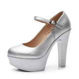 Round Head Buckle Waterproof Table 8CM High Heel Women's Shoes Thick-Soled Model Show Shoes Coarse Heel Work Shoes Silver Single Shoes HZ0115