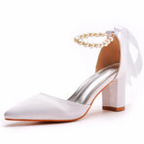 7 Cm Thick Heel Pointed Sandals With Shallow Female Sandals White Beaded Satin Cloth Bride High Heels Large Size HZ0115