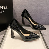 2025 New Waterproof Table High Heels Shallow Bright Leather Ultra-High Heel 10CM Business Straight Pointed Women's Shoes Single Shoes HZ0115