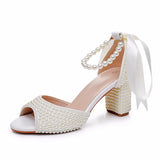 7 Cm Pearl Fish Mouth Coarse Sandals Shallow Buckle With Large-Size Beads Drifting Sandals Bride Beaded Wedding Shoes Woman HZ0115