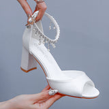 7 Cm Fish Mouth High Heel Sandals Shallow Large-Size Round-Headed Beaded Thaigou High Heels Bridal Wedding Silk Satin Sandals HZ0115