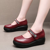 Wine Red Heel Slope Thick-Soled Waterproof Table Shallow Mouth Single Shoe Velcro Size Size Of The Elderly Pine Cake Mother Shoes HZ0115