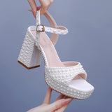9 Cm Coarse Heel Fish Mouth Waterproof Table Sandals Round Head Square Sandals Side Sandals And Pearl Bridal Dress Shoes HZ0115