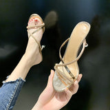 High-Heeled Sandals Water Drill Women's Fine And Exposed Toe 2025 Summer New One-Word With Half-Slippers Wearing Net Red Tide HZ0115
