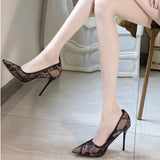 High-Heeled Women 2025 New Lace Transparent High-Heeled Women's Fine Heel Sexy Mesh Single Shoes Professional Women's Shoes HZ0115
