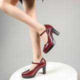 High-Heeled Mary Shoes Fashion Spring And Autumn Mid-Fashion Fashion Thick Heel Tip Buckle Waterproof Table Printing Surface Polyurethane HZ0115
