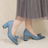 Denim High Heels Ladies Fashion Single Shoes Coarse Heel Small Fragrant Wind New Bow Large Size Shoes 35-42 HZ0115