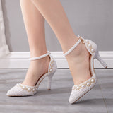 Large-Size High-Heeled Sandals With Beaded Bracelets With Water Drill Sandals White Real Wedding Shoes HZ0115