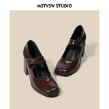 Mary Jane Shoes Retro British Wind Hepburn Black High-Theeled Thick Side-Shoe Single-Shoe Woman HZ0115