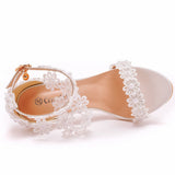 Tuxedo Sandals White Buckle Shoes Fine Heel Roman Sandals White Lace Heel Sandals HZ0115