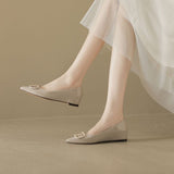 Small Sharp Head Soft Soles In The Increase Single Shoes Spring And Autumn Leather Bare Light Flat Commuting V Buckle Temperament Women's Shoes HZ0115