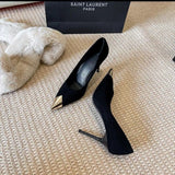French Black High Heels Women In Spring 2025 New Design Small Metal Pointed Sexy Fine Heel Single Shoes HZ0115