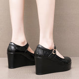 Painted Leather Stone Slope Heel Single Shoe Round Head Light Mouth Work Shoes Thick-Soled Waterproof Table Model Show High Heels Women HZ0115