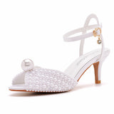 6 Cm Fish Mouth High-Heeled Sandals Shallow Mouth Buckle With Large-Size Round-Head High-Heeled Shoes Hollow Fish Mouthed Ribbon Pearl Sandals HZ0115