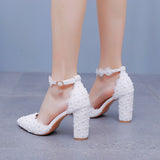 White Lace Pointed Women's Singles Lace Wedding Dress Shoes Spring Thick Heel Sharp Sandals White Wedding Shoes Shallow HZ0115
