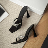 Beautiful Cross With Water Todss Square Sandals Female Feeling Black Satin High-Heeled Cool Slippers 2025 Summer HZ0115