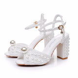 9 Cm Coarse Heel Sandals Square Coarse Sandals White Pearl Wedding Dress Sandals Pearl Wedding Shoes Women HZ0115